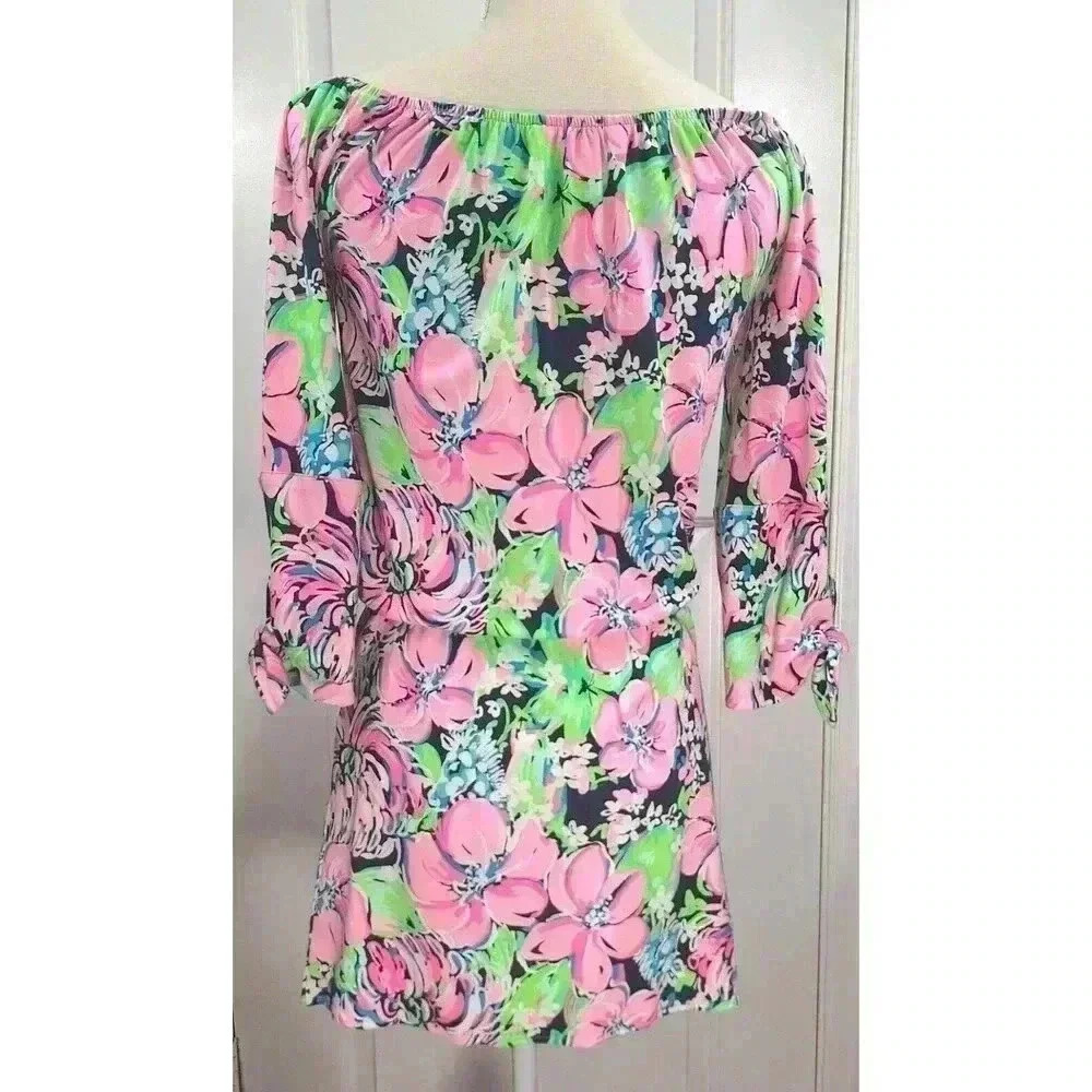 Lilly Pulitzer Donna Romper XXS Pink Green Floral Off Shoulder 3/4 Tie Sleeve - Picture 3 of 9